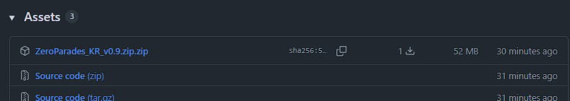 GitHub 릴리스 페이지의 Assets 목록. 맨 위 Zero Parades 패치 파일을 받습니다.
